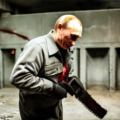 Image similar to putin with a chainsaw. in a concrete bunker with a pile of corpses. focus on putins face with blood splatters. canon eos r 3, f / 1. 4, iso 1 6 0 0, 1 / 8 0 s, 8 k, raw, grainy