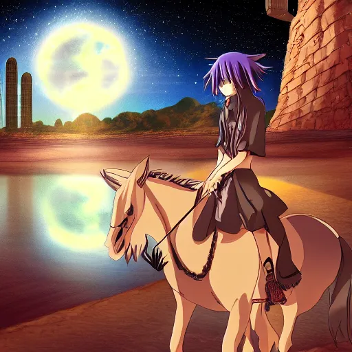 Image similar to Anime style, desert at night filled with centaurs, tall white tower in the background, HD,