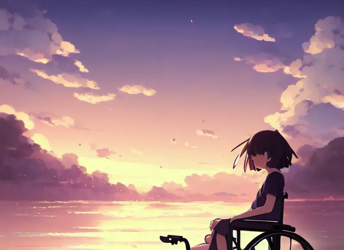 Image similar to girl on wheelchair is pushed by man, sunset sky in background, beach landscape, illustration concept art anime key visual trending pixiv fanbox by wlop and greg rutkowski and makoto shinkai and studio ghibli and kyoto animation, short hair hair, hair down, symmetrical facial features, backlit