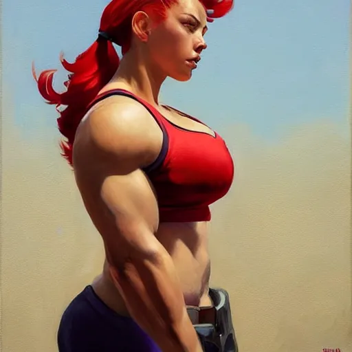 Image similar to greg manchess portrait of sleeping thick muscular weightlifter zarya from overwatch with ponytail and red hair played by scarlett johansson, medium shot, asymmetrical, profile picture, organic painting, sunny day, matte painting, bold shapes, hard edges, street art, trending on artstation, by huang guangjian and gil elvgren and sachin teng