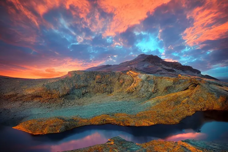 Image similar to amazing landscape photo of mountains with lava lake in sunset by marc adamus beautiful dramatic lighting, Gediminas Pranckevicius