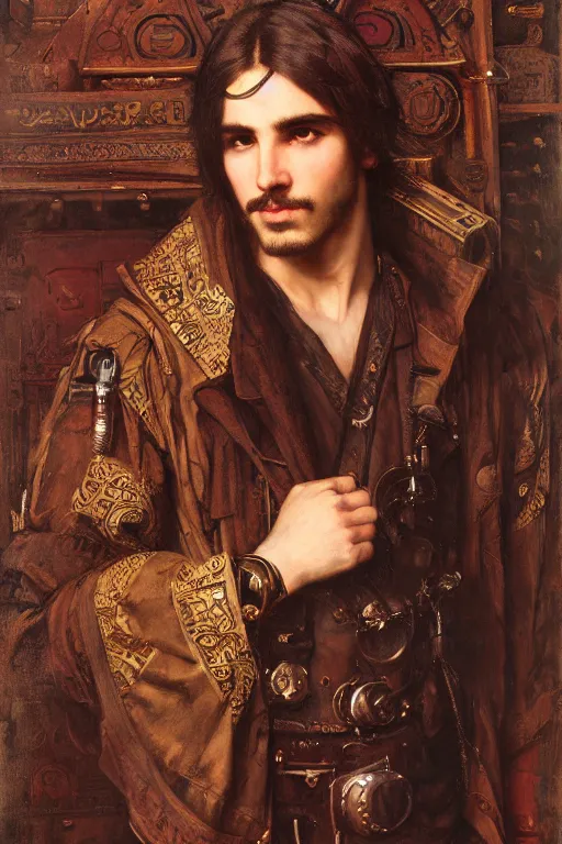 Prompt: attractive male, steampunk, cool tint, orientalist intricate portrait by john william waterhouse and edwin longsden long and theodore ralli and nasreddine dinet, hyper realism, dramatic lighting