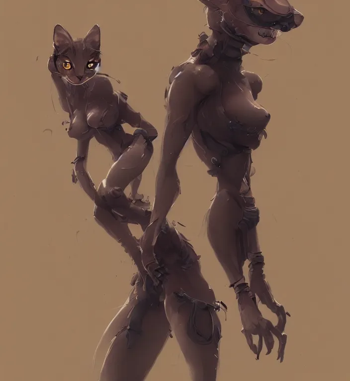 Image similar to anthropomorphic female cat, character art, illustration, digital art painting, trending on artstation, by masamune shirow, by greg rutkowski