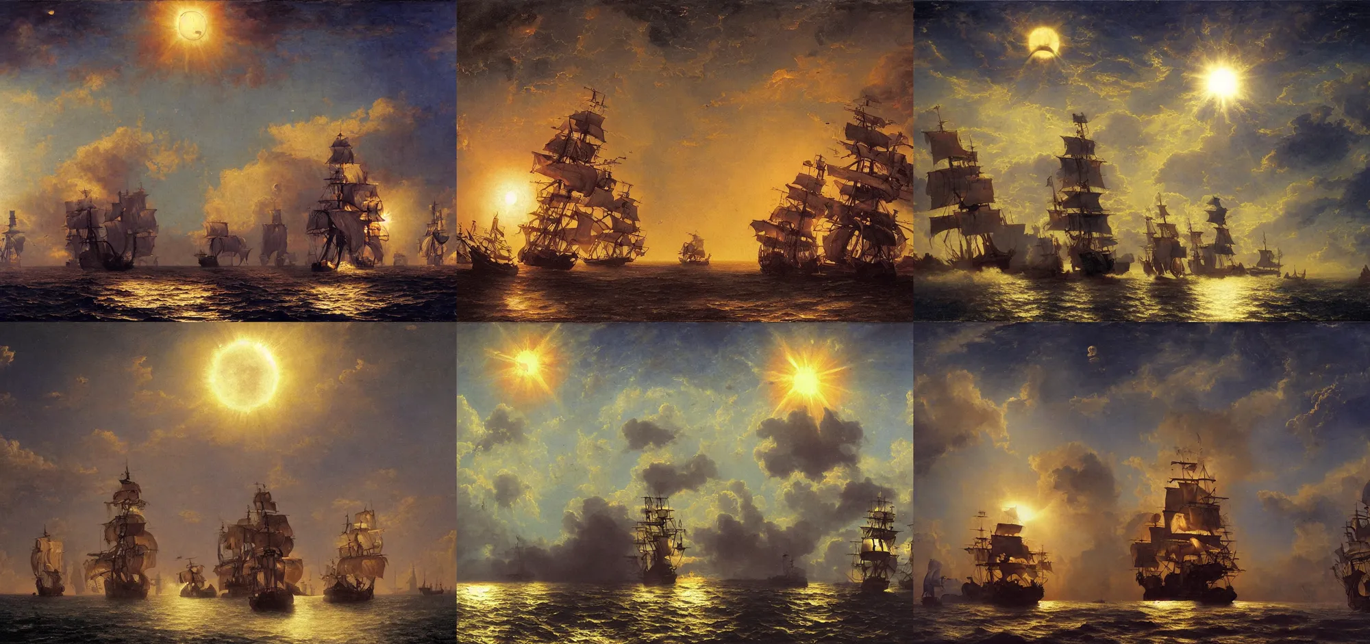 Prompt: 1700s pirate ship in space, orbiting a gas giant, illuminated by a sun, oil painting, albert bierdstadt