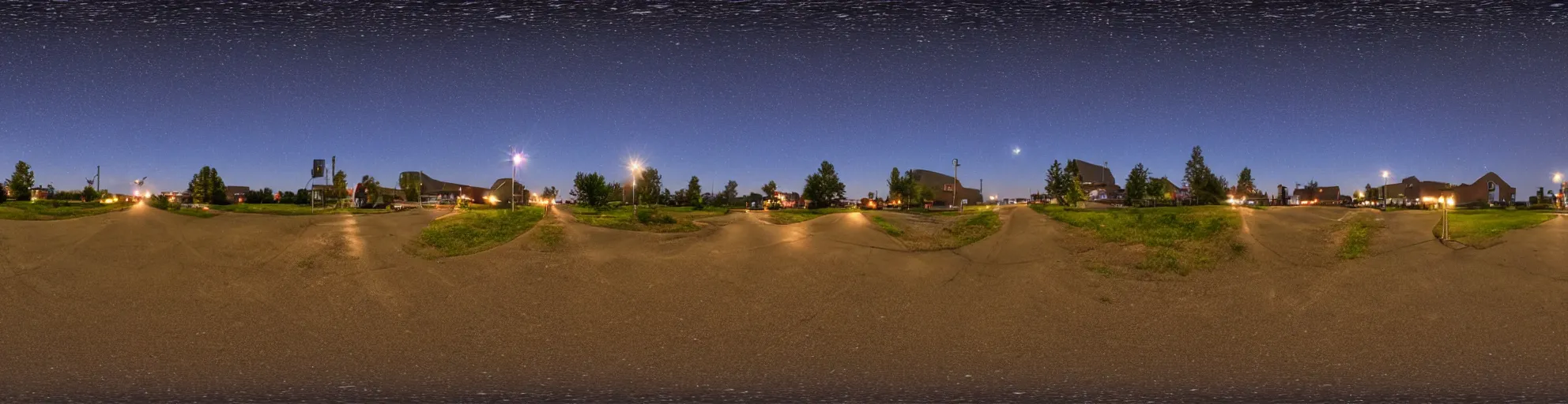 Prompt: spherical panorama photo of country american small town street night bright sky 5 0 mm