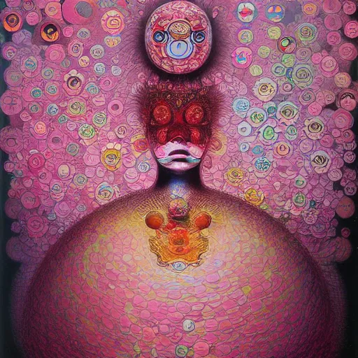 Image similar to the queen of pink by takashi murakami and zdzisław beksiński, oil on canvas, intricately detailed artwork, full 8k high quality resolution, recently just found unknown masterpiece