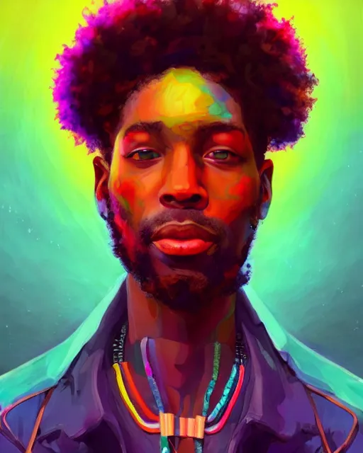 Prompt: colorful portrait of a black male hippie with cybernetics and a natural hair style, but set in the future 2 1 5 0 | highly detailed | very intricate | symmetrical | professional model | cinematic lighting | award - winning | painted by mandy jurgens | pan futurism, dystopian, bold psychedelic colors, cyberpunk, anime aesthestic | featured on artstation