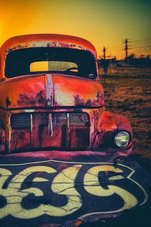 Image similar to a sunset light landscape with historical route 6 6, lots of sparkling details and sun ray ’ s, blinding backlight, smoke, volumetric lighting, colorful, octane, 3 5 mm, abandoned gas station, old rusty pickup - truck, beautiful epic colored reflections, very colorful heavenly, softlight