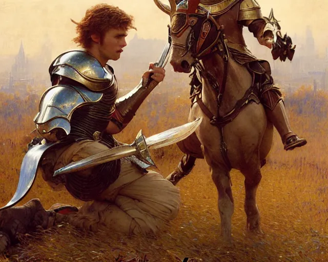 Prompt: attractive arthur pendragon and attractive lancelot, do some mock battle for training. highly detailed painting by gaston bussiere, craig mullins, j. c. leyendecker 8 k