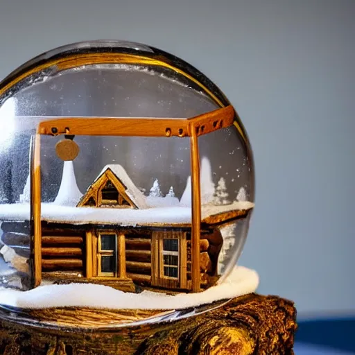 Image similar to A snowglobe on display with a log cabin inside.