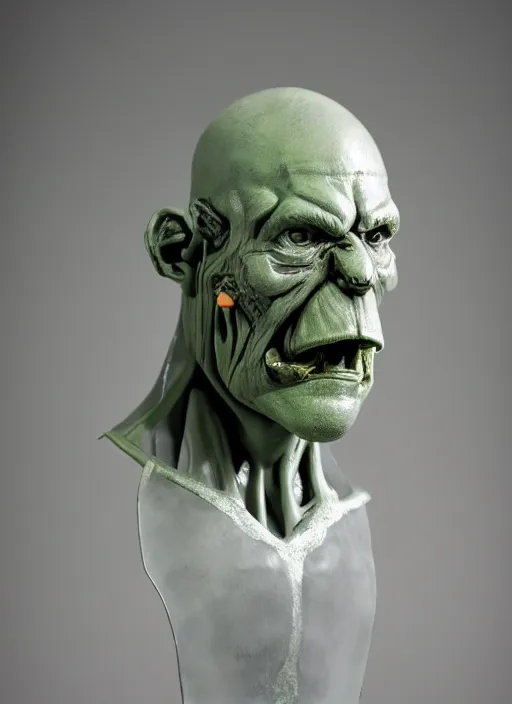 Prompt: a bust sculpture of anatomical detailed gray orc, alberto fujimori, green blood, become human, ceramic base, orthographic, studio lighting