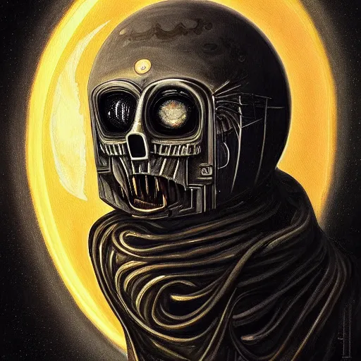 Prompt: beautiful painting of the victorian face of the moon with a solemn expression in the style of Welder Wings and H. R. Giger. Dark background, detailed, trending on Artstation