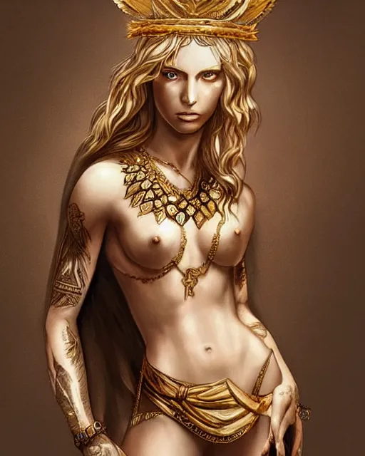 Image similar to tattoo design sketch of hot blonde super model as aphrodite greek goddess wearing a gold laurel wreath and triangle earrings, beautiful piercing gaze with sharp pupils, in the style of greg rutkowski, fantasy, amazing detail, epic, elegant, smooth, sharp focus, front view