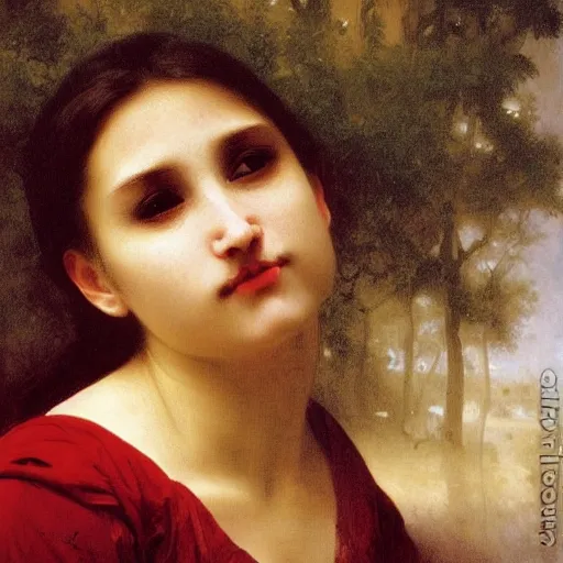 Image similar to A masterpiece head and shoulders portrait of with fangs crying tears of red blood by William Adolphe Bouguereau 1n 6