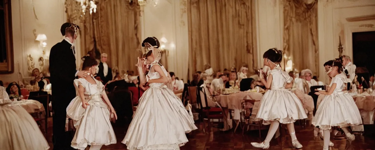 Image similar to a cotillion dance with two young people in fancy outfits, eating spaghetti, canon 5 0 mm, high detail, intricate, cinematic lighting, photography, wes anderson, film, kodachrome