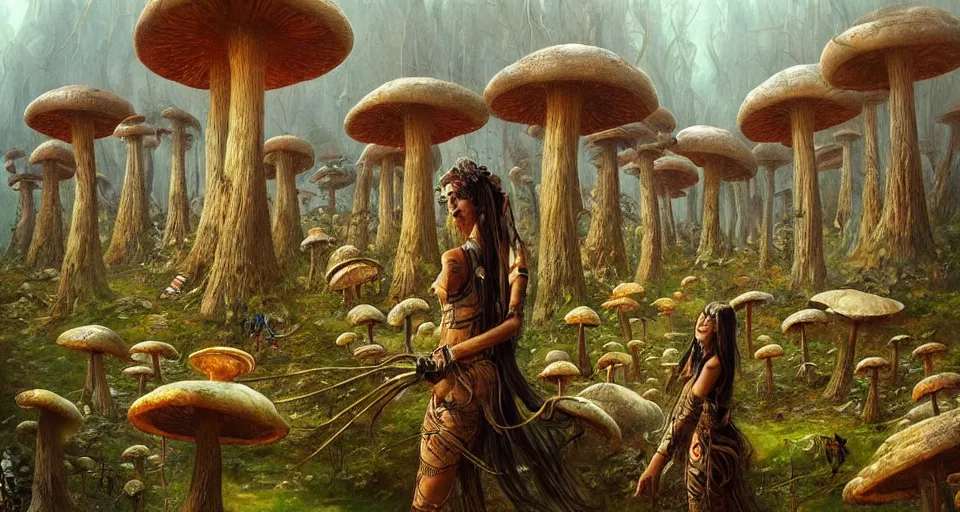 Image similar to A tribal village in a forest of giant mushrooms, by Karol Bak, by Gainax Co,