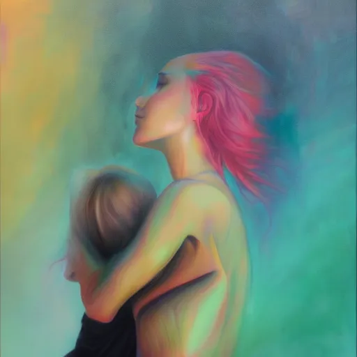 Image similar to stunning matte painting portrait of a young woman hugging an abstract human figure in the style of Meredith Marsone, spring colors