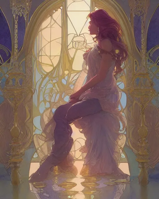 Image similar to secret romance, highly detailed, gold filigree, romantic storybook fantasy, soft cinematic lighting, award, disney concept art watercolor illustration by mandy jurgens and alphonse mucha and alena aenami, pastel color palette, featured on artstation