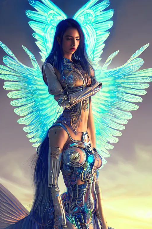 Image similar to portrait futuristic goddess angel Girl with wings and sword, in future cyberpunk tokyo rooftop , ssci-fi, fantasy, intricate, very very beautiful, elegant, human anatomy, human structure, neon light, highly detailed, digital painting, artstation, concept art, smooth, sharp focus, illustration, art by tian zi and WLOP and alphonse mucha