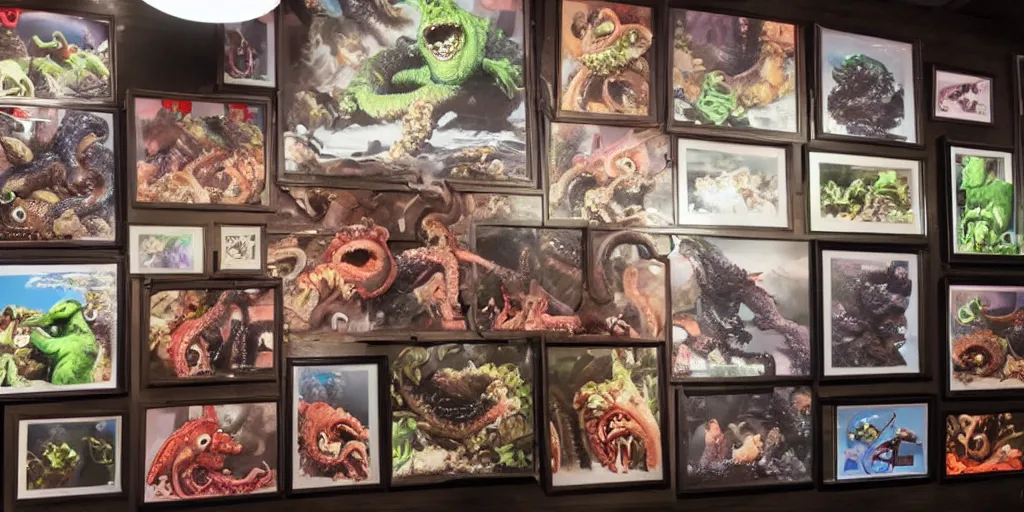 Image similar to photo of chubby godzilla eating octopus monster, in an epic kaiju restaurant willed with framed pictures of past monsters