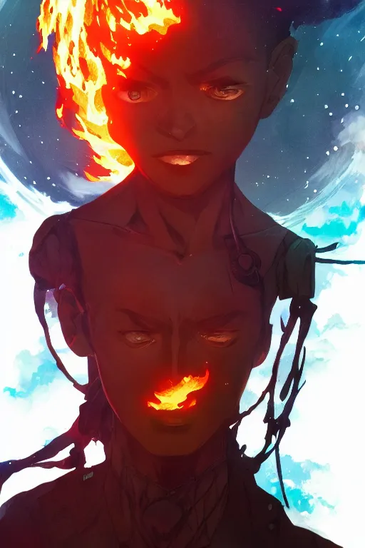 Prompt: the wondering man touched by flames, pixiv fanbox, cinematic light, anime style, graphic novel by fiona staples and dustin nguyen, peter elson, alan bean, wangechi mutu, clean cel shaded vector art, trending on artstation