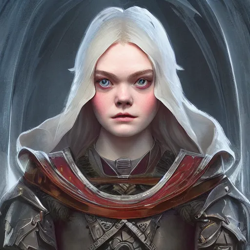 Image similar to front centered symmetrical portrait, Elle Fanning as a D&D paladin, dramatic lighting, cinematic, establishing shot, high detail, photo realistic, cinematic lighting, post processed, 8k, concept art, artstation, matte painting, in the style of eddie mendoza, raphael lacoste, alex ross