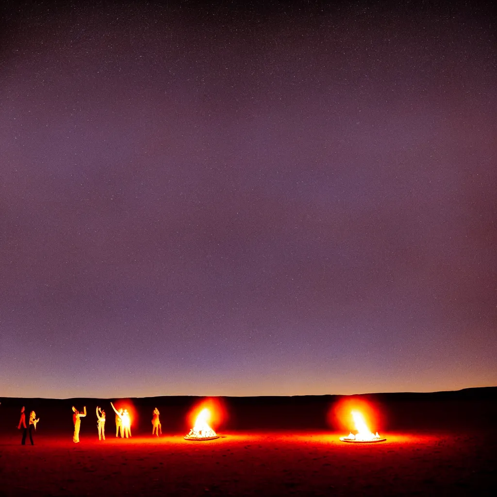 Image similar to atmospheric long exposure night photograph of three ravers, two men, one woman, woman is in a trenchcoat, blessing the soil at night, people facing fire circle, two aboriginal elders, dancefloor kismet, diverse costumes, clean composition, starlight bokeh, desert transition area, bonfire, atmospheric night, australian desert, symmetry, sony a 7 r