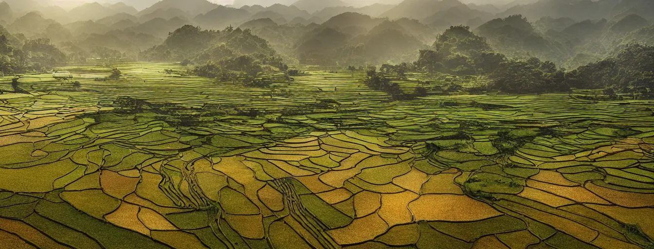 Prompt: Photo of paddy field of Yan, with several village and gunung jerai mountain at the background, wide angle, volumetric light, hyperdetailed, light water, artstation, cgsociety, 8k