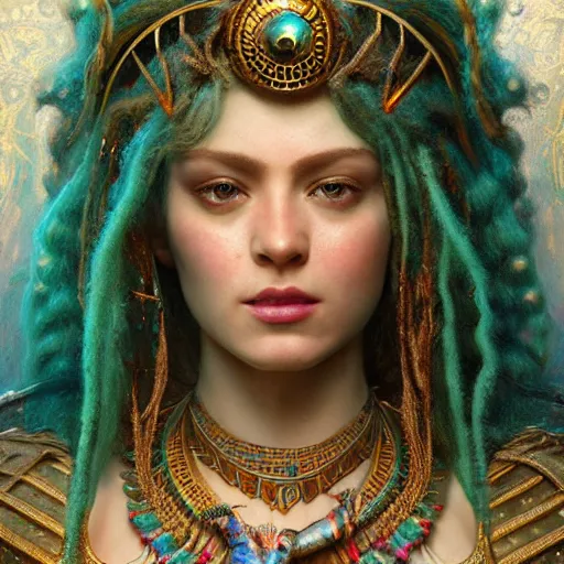 Image similar to octane render, artstation, 8 k, intricate detail, hyper detail, portrait by gaston bussiere, greg rutkowski, sandro botticelli, tan lady of elche egyptian sumerian techno mystic goddess princess intergalactica inanna with aqua neon rapunzel dreadlocks,