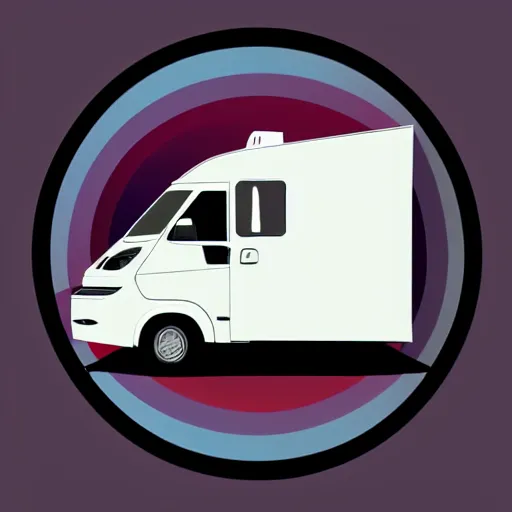 Image similar to very very very minimal vector graphic of a white and black thor chateau motorhome, color highway, mountains and sunset!!, all enclosed in a circle, white background, dramatic, professional minimal graphic design cartoon, award winning