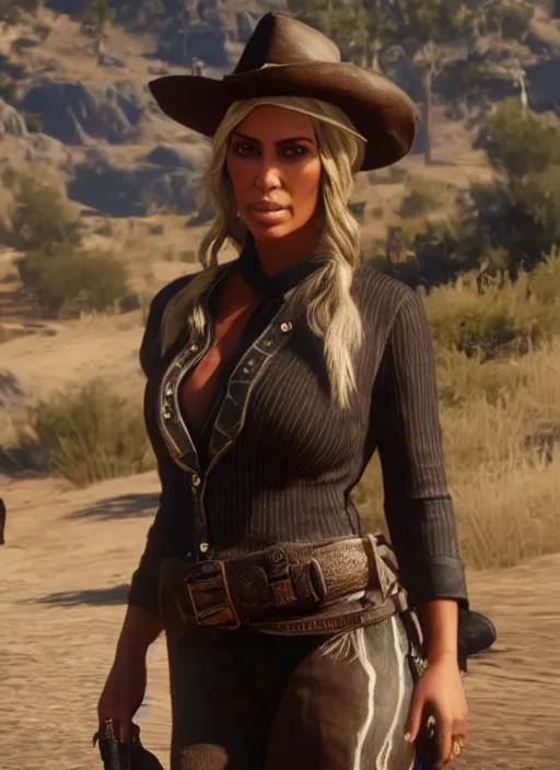 Image similar to film still of kim kardashian as Sadie Adler in rdr2.