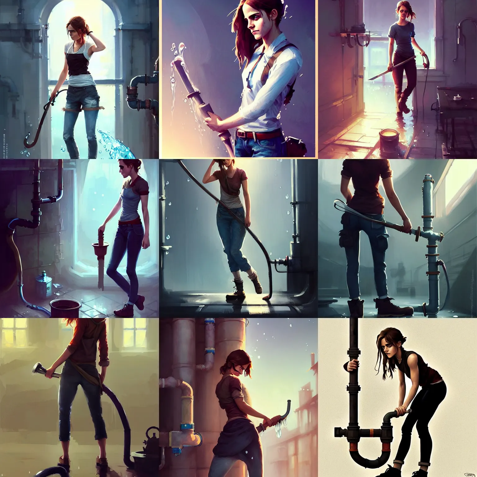 Prompt: attractive Emma Watson trying to fix the water pipes, wrench , wet clothes , bandana , hourglass slim figure , details, sharp focus , illustration , by Jordan Grimmer and greg rutkowski , Trending artstation , pixiv , digital Art