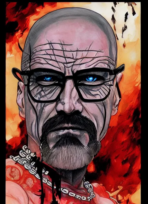 Image similar to portrait of walter white as conan the barbarian by frank frazetta and harumi hironaka