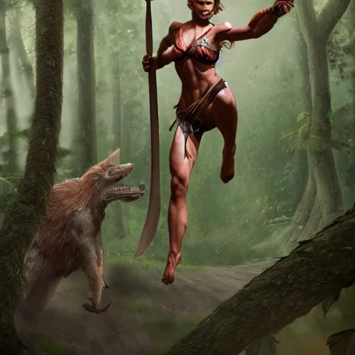 Image similar to a high detail super realistic anatomy strong amazonian woman leaps into the air in the forest to stab a wilderbeast with her sword, concept art, digital art fantasy world 4K high detail