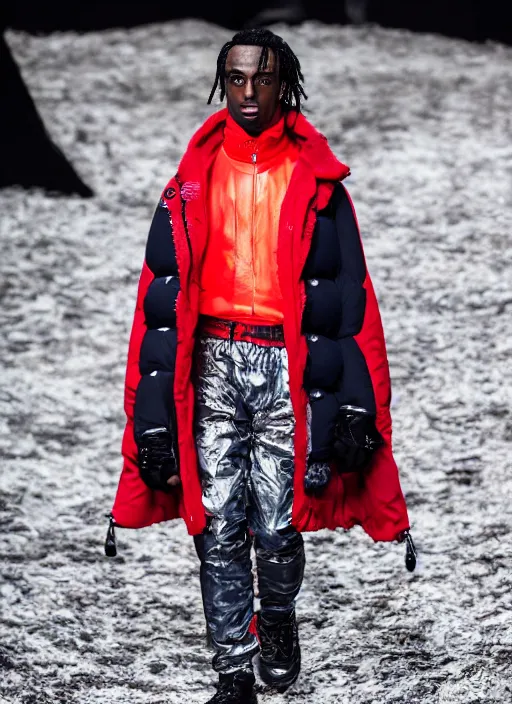 Image similar to hyperrealistic and heavy detailed moncler runway show of whole lotta red by playboi carti, leica sl 2 5 0 mm, vivid color, high quality, high textured, real life