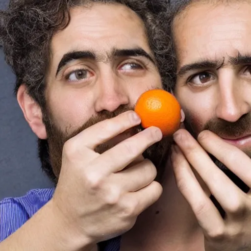 Image similar to a photo of a suprised holding an orange, the man's face can be seen in the photo, his eyes are more open, looking at the viewer, his mouth is open, he is holding the orange in his hand.