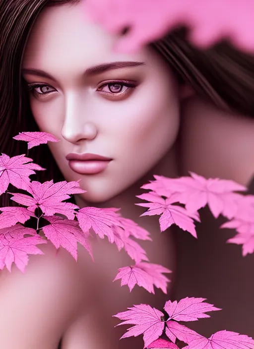 Image similar to photo of a gorgeous female in the style of stefan kostic, realistic, half body shot, sharp focus, 8 k high definition, insanely detailed, intricate, elegant, art by stanley lau and artgerm, extreme bokeh light pink foliage