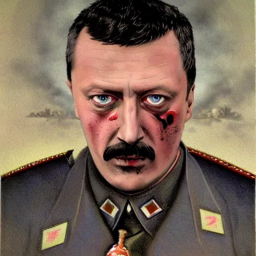 Image similar to igor ivanovich strelkov became bloody ugly supreme ruler of novorossia, photo - realistic, color image, 2 k, highly detailed, bodyhorror, occult art, by giger