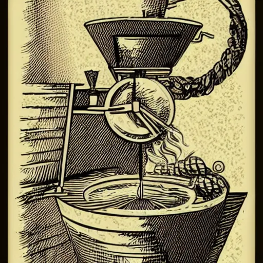 Image similar to coffee roaster machine, coffee, hand drawn, engraved vector, by alexanderpokusay