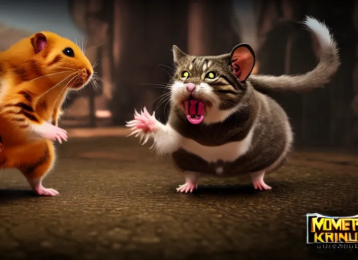 Image similar to hamster fights a cat in mortal kombat on the background of a laughing shao khan. fantasy magic style. highly detailed 8 k. intricate. lifelike. soft light. sony a 7 r iv 5 5 mm. unreal engine with nanite and path tracing