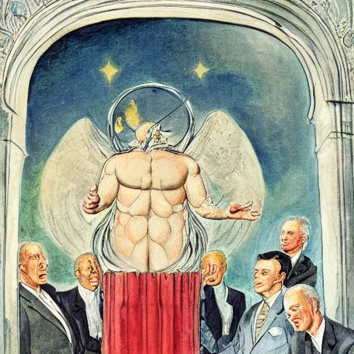 Prompt: joe biden as demiurge creating 1 9 5 0 s world, painting by william blake and jon mcnauhgton