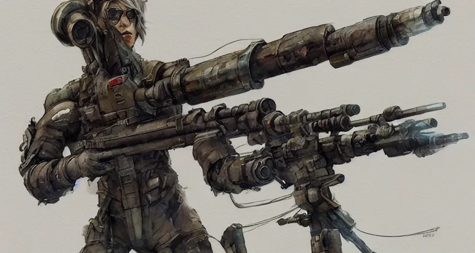 Image similar to concept art of a sniper rifle in futuristic, fantasy, steampunk, pinterest, artstation trending, behance, watercolor, by coby whitmore, silver, laser light,