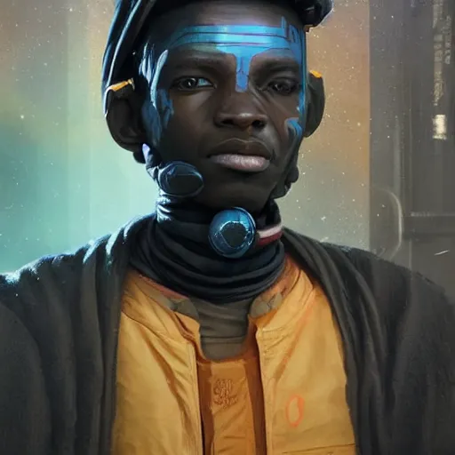 Image similar to a full body sci-fi portrait, oil painting, illustration of an old African Jedi, techwear, colourful, by Justin Sweet and Greg Rutkowski and Alphones Much