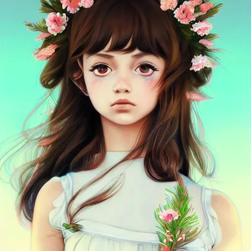 Image similar to little brown girl with flowers in hair wearing an white dress. art by ilya kuvshinov, profile picture, inspired in hirohiko araki, realistic, highly detailed, 8 0 s anime art style, vogue cover