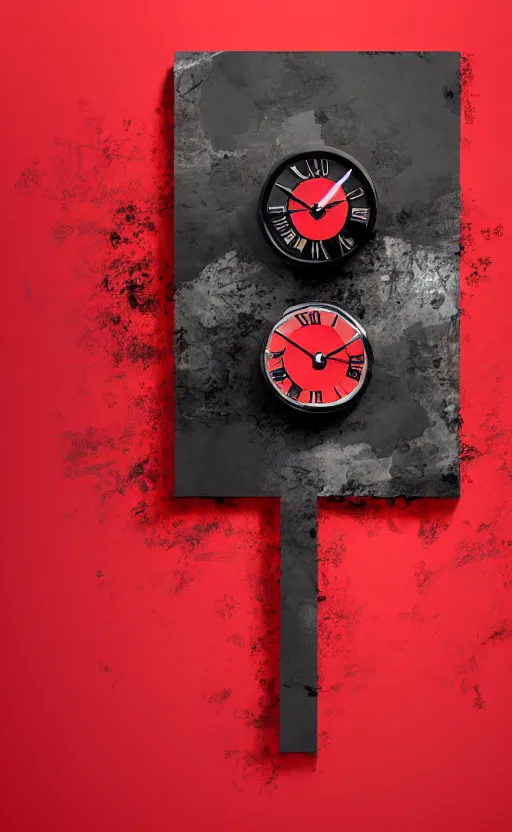 Image similar to a melting Roman numeral clock, behind a red and black gradient background, awith a black heart shaped on the top left corner and a black diamond card shape in the bottom right corner, dynamic lighting, photorealistic fantasy concept art, trending on art station, stunning visuals, cinematic, creative, ultra detailed