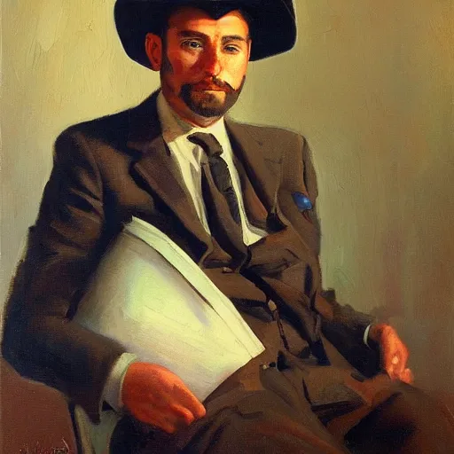 Prompt: portrait of a diplomat wearing a cowboy hat, 1916, oil on canvas trending on Artstation