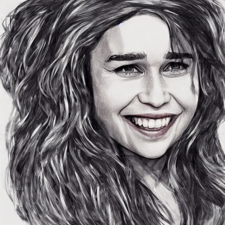 Image similar to an amaze - art painting of emilia clarke using single line, amaze art, smiling face