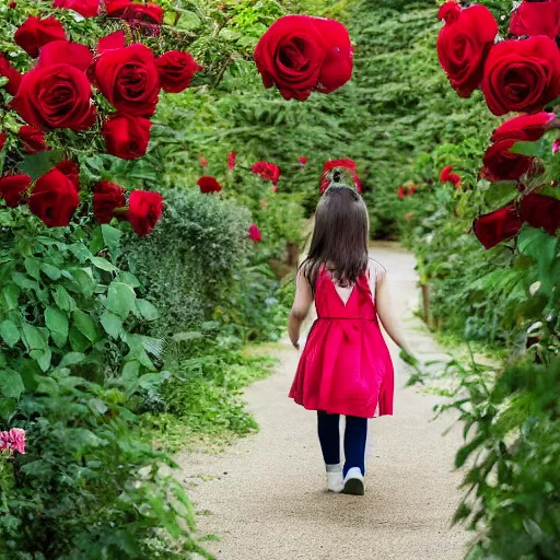 Prompt: a girl walking with her teddy bear in a garden full of red roses