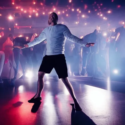 Image similar to photo of a 3 6 year old white man living thinking he's living the best life possible. he looks young for his age. he is at a dance club, it's as if he were in a music video. young woman are flocking to him and can be seen dancing around him in a seductive manner.