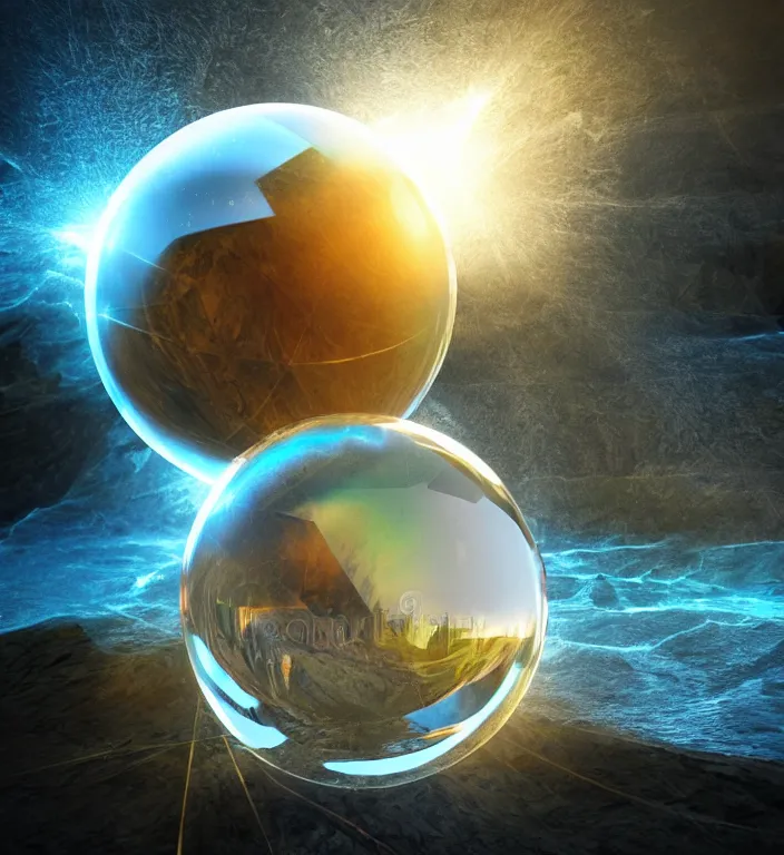 Prompt: an exquisite fantasy illustration of a faceted crystal ball in water + prism + god rays + dramatic lightning + backlit + specular highlights + ambient occlusion + global illumination + bump map + reflective + caustics + refractive + unreal engine 5 + DOF + sharp focus